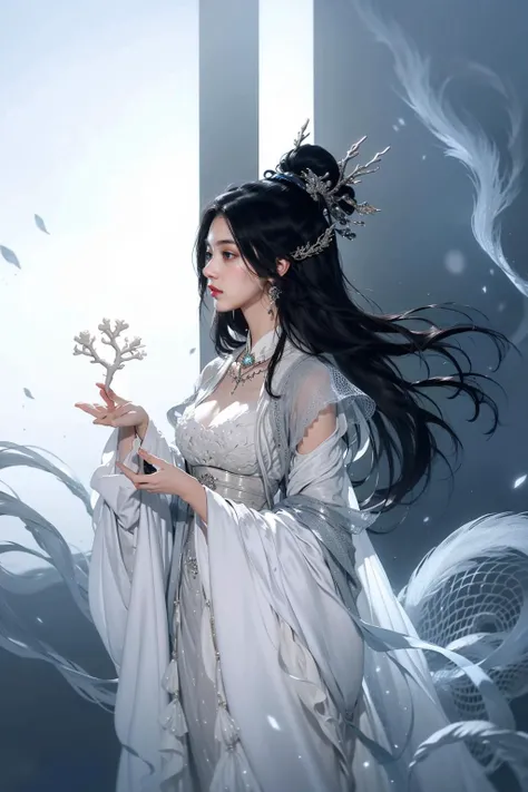 jyyv3, a woman in a white dress holding a flower in her hand and a snowflake in her hand, 1girl, long hair, jewelry, dress, hair ornament, black hair, earrings, solo, upper body, white dress, from side, chinese clothes
Best quality,masterpiece,ultra high res,<lora:jyyå¤è£
v3:0.7>,