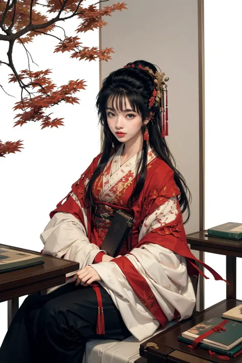jyyv3, a woman in a kimono sitting under a tree with red leaves on it's branches and a book on a table, 1girl, black hair, solo, sitting, jewelry, hair ornament, chinese clothes, holding, book, hanfu, long hair, leaf, bangs, smile, earrings, long sleeves, branch
Best quality,masterpiece,ultra high res,<lora:jyyå¤è£ v3:0.7>,