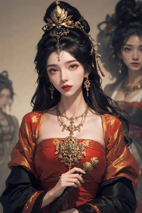 jyyv3,a woman in a costume with a large headpiece and a large necklace on her head and a red dress,1girl,jewelry,earrings,solo,necklace,red lips,black hair,hair ornament,makeup,hanfu,upper body,looking at viewer,lipstick,chinese clothes,updo,long sleeves,closed mouth,red dress,black eyes,gem,beads,dress,
Best quality,masterpiece,ultra high res,<lora:jyyå¤è£
v3:0.7>,