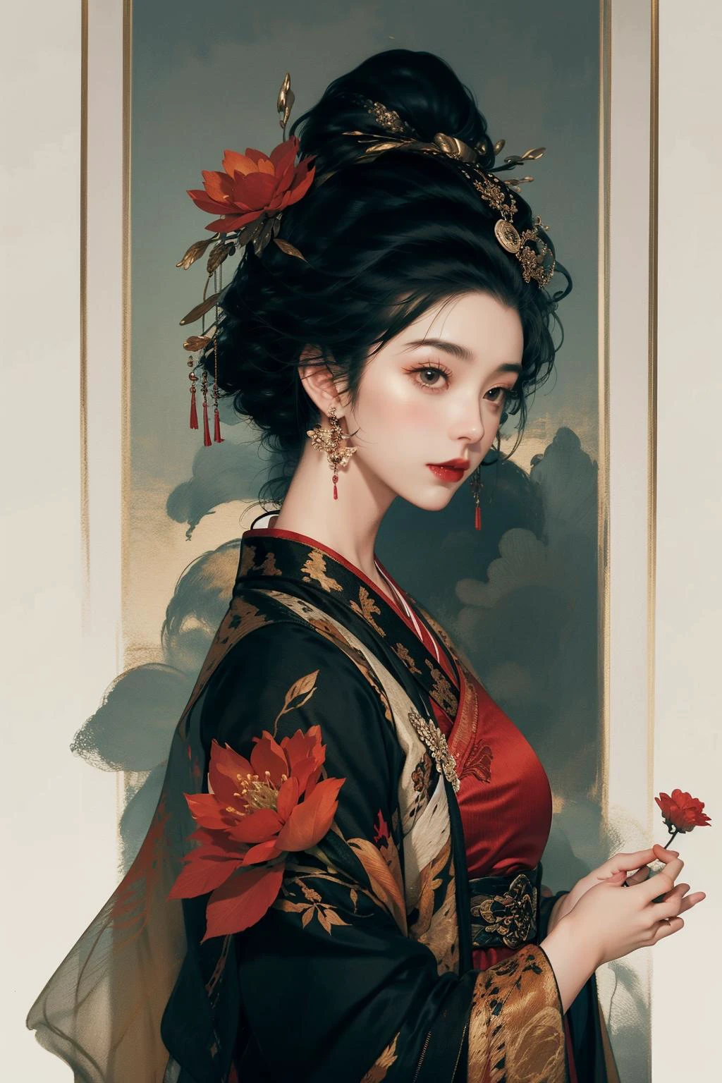 jyyv3, a painting of a woman in a kimono holding a flower in her hand and a red rose in her other hand, 1girl, flower, red lips, solo, black hair, holding, hair ornament, red nails, lipstick, makeup, upper body, red flower, holding flower, forehead mark, long sleeves, facial mark, updo, hanfu, chinese clothes, from side, profile, nail polish,
Best quality,masterpiece,ultra high res,<lora:jyyå¤è£
v3:0.7>,