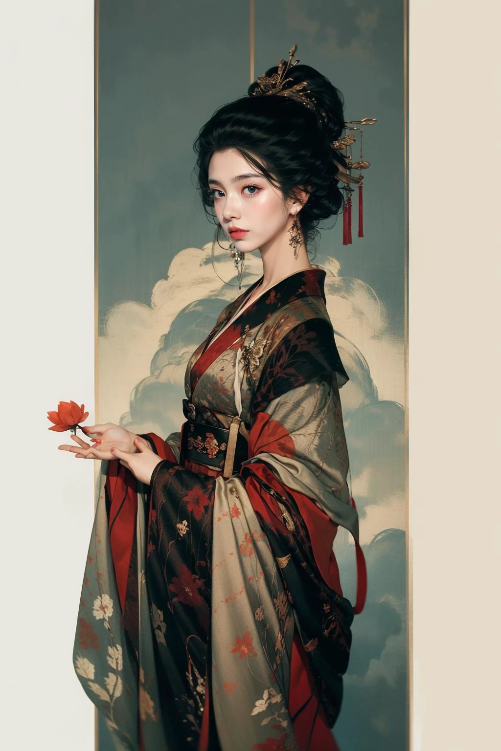 jyyv3, a painting of a woman in a kimono holding a flower in her hand and a red rose in her other hand, 1girl, flower, red lips, solo, black hair, holding, hair ornament, red nails, lipstick, makeup, upper body, red flower, holding flower, forehead mark, long sleeves, facial mark, updo, hanfu, chinese clothes, from side, profile, nail polish,
Best quality,masterpiece,ultra high res,<lora:jyyå¤è£
v3:0.7>,
