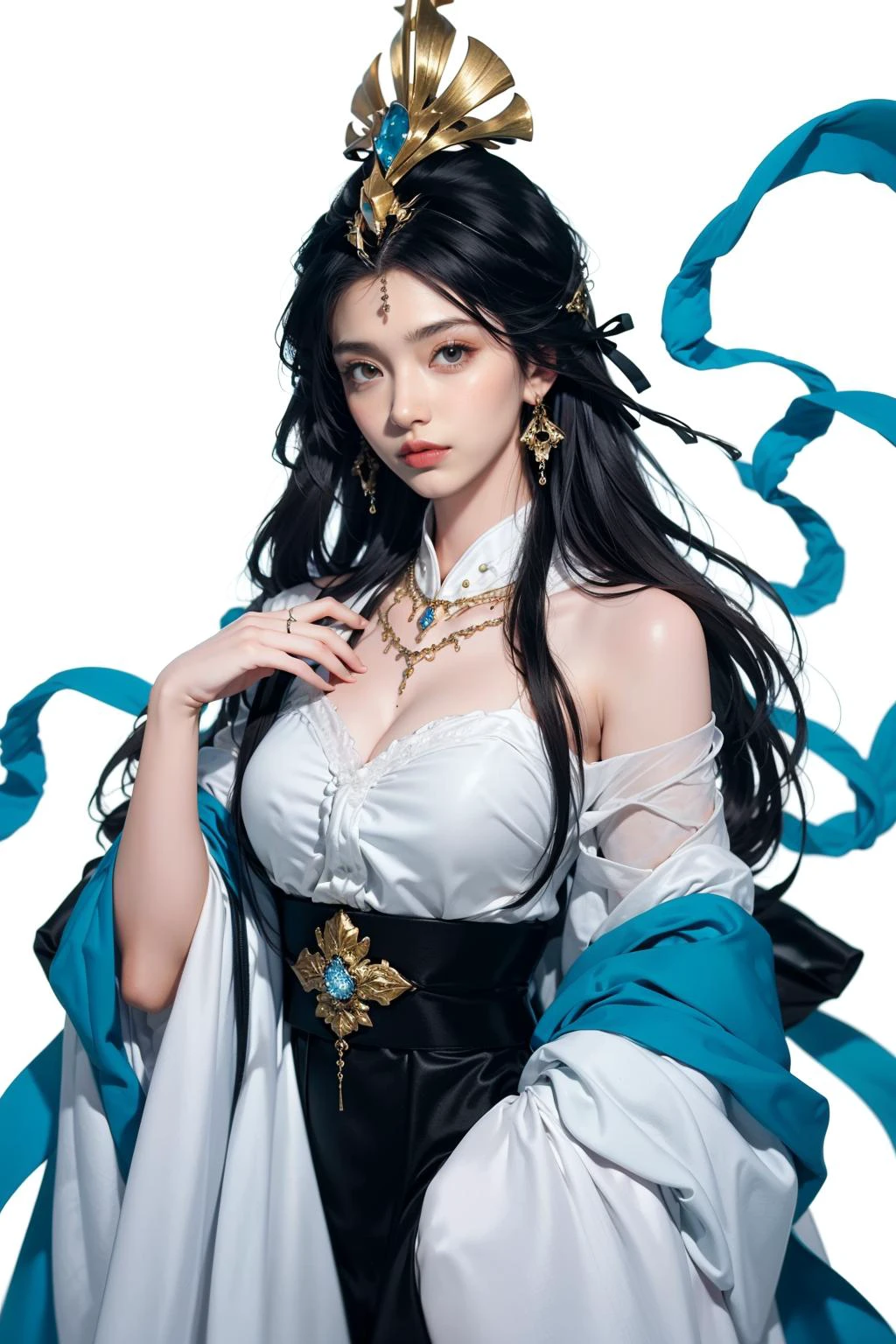 jyyv3, a woman in a white dress with a blue ribbon around her neck and a gold crown on her head, 1girl, jewelry, solo, dress, white background, long hair, hair ornament, earrings, white dress, black hair, forehead mark, upper body, sash, chinese clothes, facial mark, long sleeves, simple background, bracelet,
Best quality,masterpiece,ultra high res,<lora:jyyå¤è£
v3:0.7>,