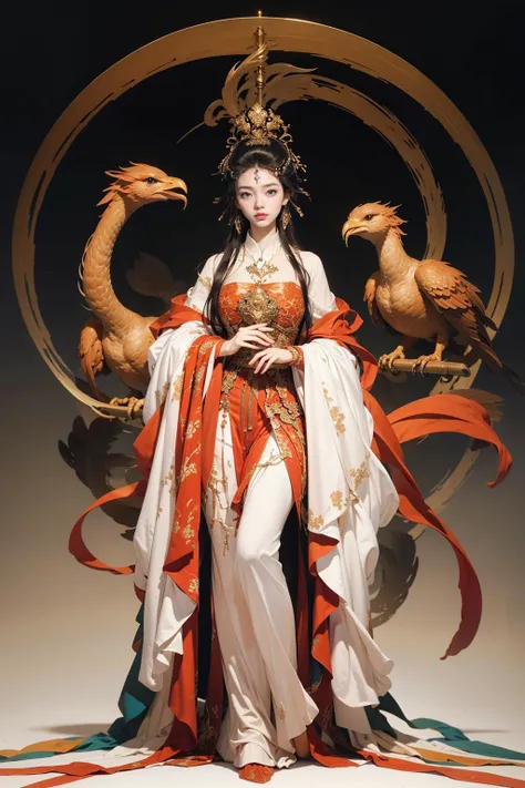 jyyv3, a woman in a red and orange dress with feathers on her head and a bird on her arm, standing in front of a column, 1girl, dress, red dress, solo, black hair, hair ornament, full body, floating, forehead mark, white background, long hair, chinese clothes, flower, long sleeves, bird,
Best quality,masterpiece,ultra high res,<lora:jyyå¤è£ v3:0.7>,