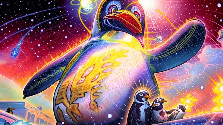 <lora:Alex:1.1> alex (Alex gray art:1.2), Anime, beautiful, psychedelic, breath, (space:1.3), time, (penguin:1.3), (oversized animal:1.3), (giant penguin:1.3), invasion, takeover, war, cold, snow, fire, explosion, burning