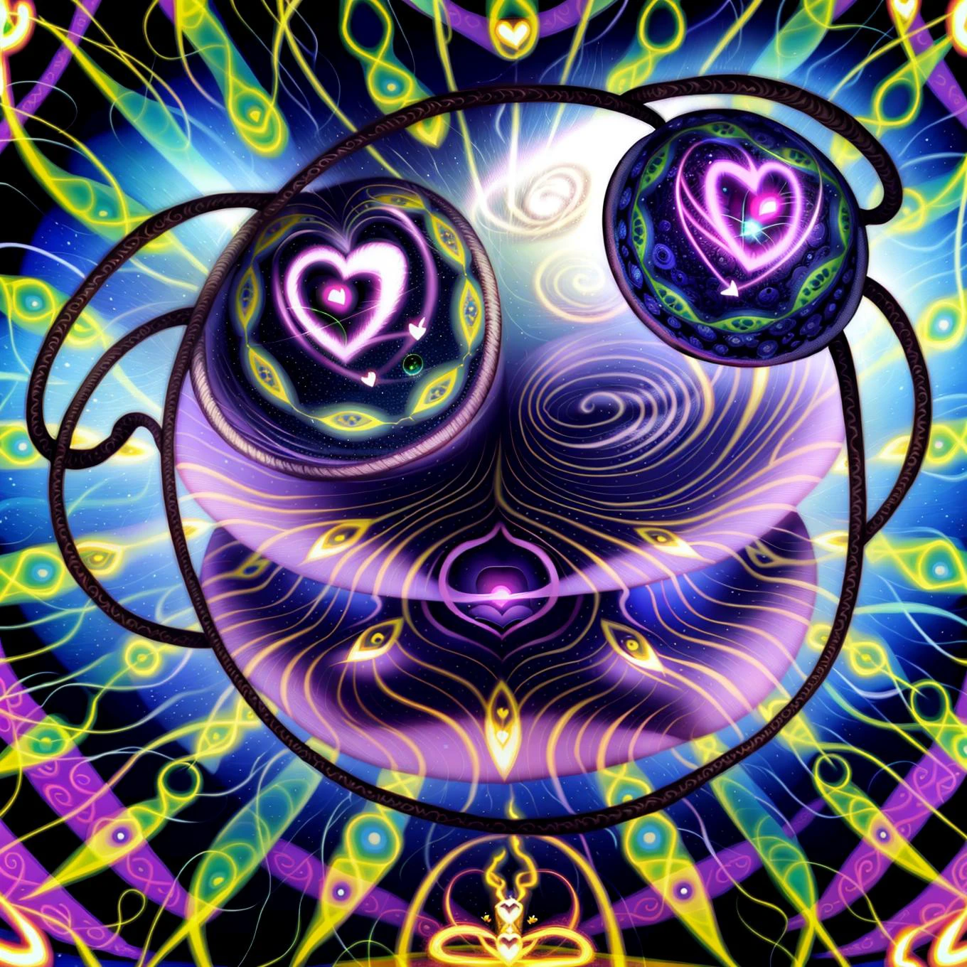 <lora:Alex:1> (Alex gray art:0.8), (beautiful:1.3), psychedelic, (space:1.1), (time:1.3), stars, (glowing:1), pattern, (bee:1.1), (heart-shaped pupils:1.3), yellow, green, blue