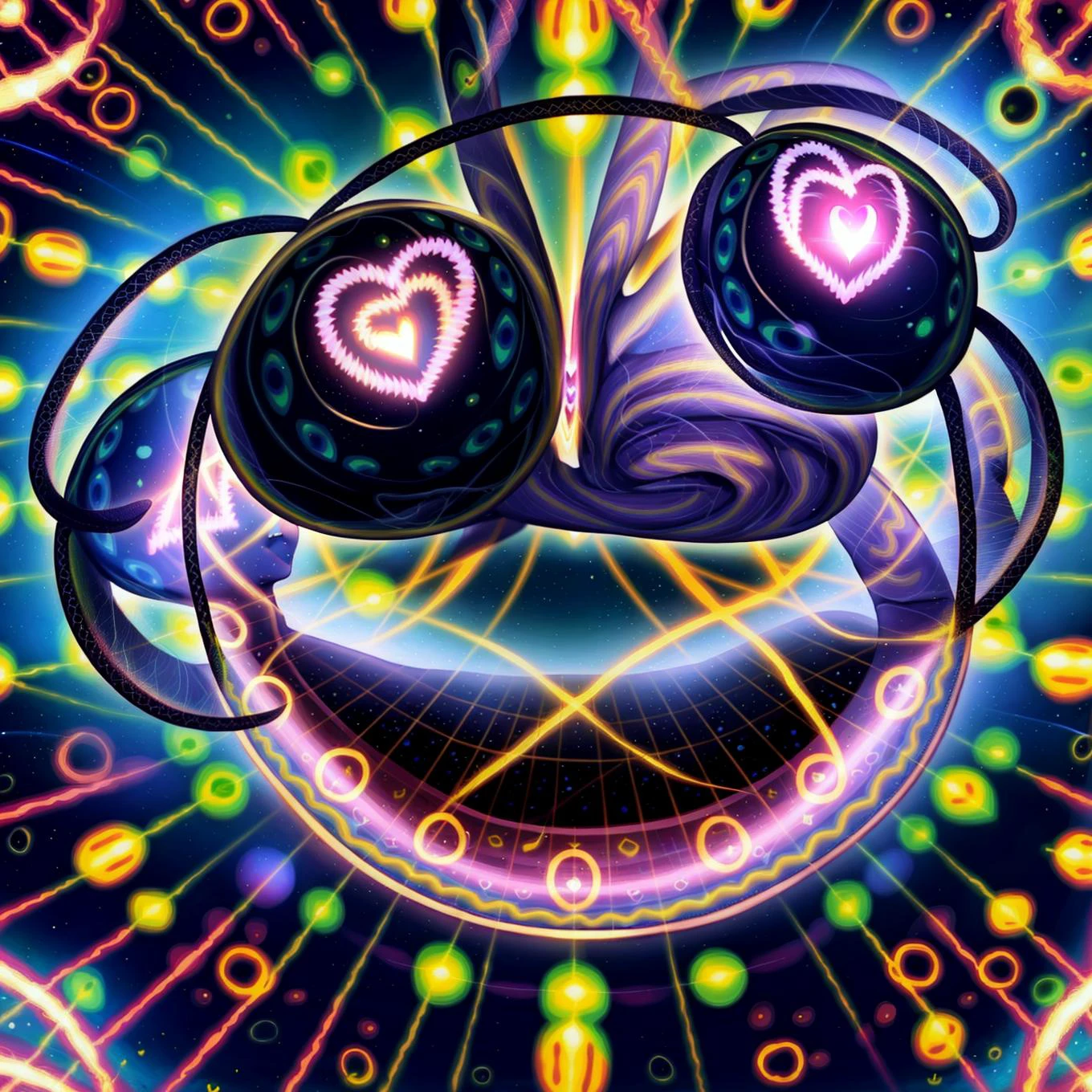 <lora:Alex:1> (Alex gray art:0.8), (beautiful:1.3), psychedelic, (space:1.1), (time:1.3), stars, (glowing:1), pattern, (bee:1.1), (heart-shaped pupils:1.3), yellow, green, blue