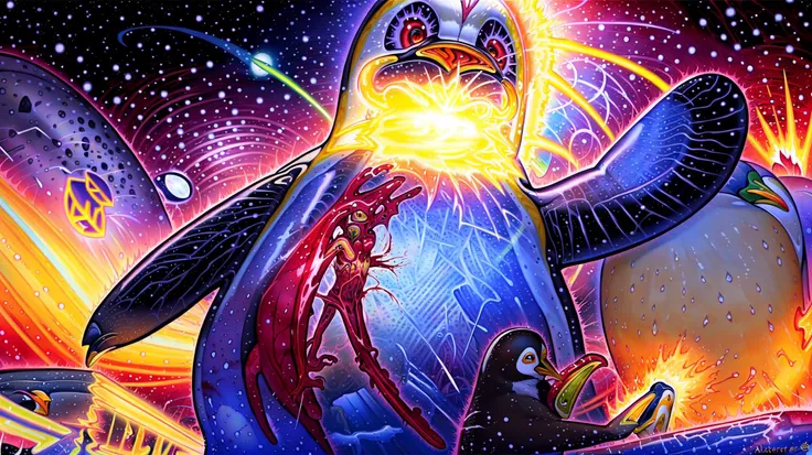 <lora:Alex:1.1> alex (Alex gray art:1.2), Anime, beautiful, psychedelic, (veins:1.3), blood, breath, (space:1.3), time, (penguin:1.3), (oversized animal:1.3), (giant penguin:1.3), invasion, takeover, war, cold, snow, fire, explosion, burning