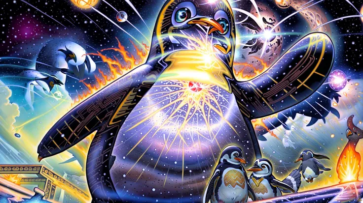 <lora:Alex:1.1> alex (Alex gray art:1.2), Anime, beautiful, psychedelic, breath, (space:1.3), time, (penguin:1.3), (oversized animal:1.3), (giant penguin:1.3), invasion, takeover, war, cold, snow, fire, explosion, burning
