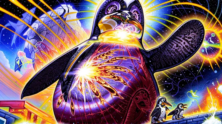 <lora:Alex:1.1> alex (Alex gray art:1.2), Anime, beautiful, psychedelic, (veins:1.3), blood, breath, (space:1.3), time, (penguin:1.3), (oversized animal:1.3), (giant penguin:1.3), invasion, takeover, war, cold, snow, fire, explosion, burning