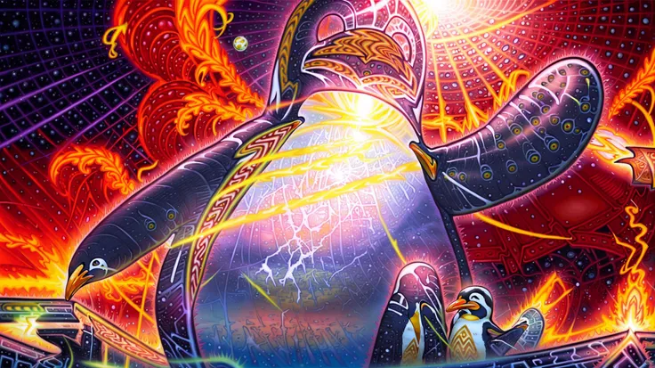 <lora:Alex:1.1> alex (Alex gray art:1.2), Anime, beautiful, psychedelic, breath, (space:1.3), time, (penguin:1.3), (oversized animal:1.3), (giant penguin:1.3), invasion, takeover, war, cold, snow, fire, explosion, burning