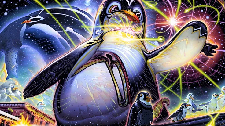 <lora:Alex:1.1> alex (Alex gray art:1.2), Anime, beautiful, psychedelic, breath, (space:1.3), time, (penguin:1.3), (oversized animal:1.3), (giant penguin:1.3), invasion, takeover, war, cold, snow, fire, explosion, burning