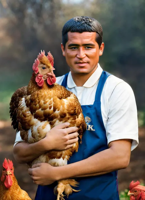 portrait of sks man with very short hair, holding a (chicken in arms:1.3), (outdoors:1.2), natural lighting, 4k, 8k, 8k realistic, sharp focus, intricate, high resolution <lora:riquelme:1.25>
