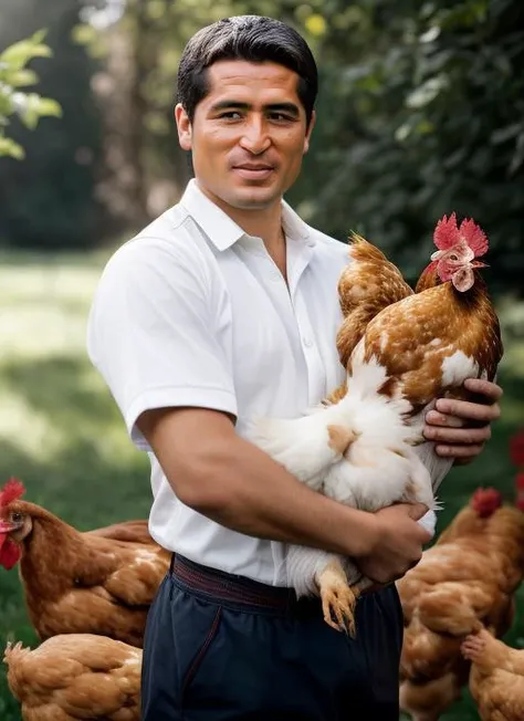 portrait of sks man with short hair, holding a (chicken in arms:1.3), (outdoors:1.2), natural lighting, 4k, 8k, 8k realistic, sharp focus, intricate, high resolution <lora:riquelme:1>