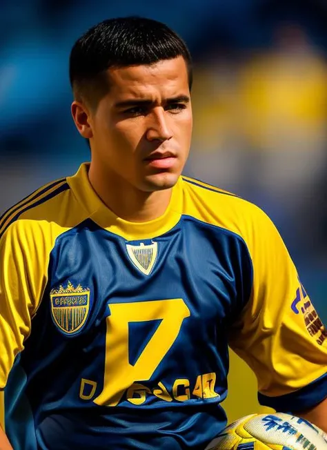 portrait of sks man, serious look with very short hair, football jersey with blue and yellow colors, holding a (soccer ball:1.3), (outdoors:1.2), natural lighting, 4k, 8k, 8k realistic, sharp focus, intricate, high resolution <lora:riquelme:1>