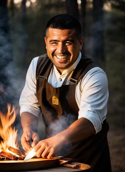 portrait of sks man (riquelme:1), smiling with very short hair, making a barbacoa with fire and smoke, holding a (knife:1.3), (outdoors:1.2), natural lighting, 4k, 8k, 8k realistic, sharp focus, intricate, high resolution <lora:riquelme:1>
