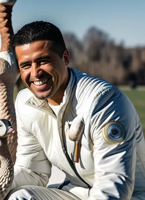 portrait of sks man (riquelme:1), smiling with very short hair, white leather suit, holding a (goose:1.3), (outdoors:1.2), natural lighting, 4k, 8k, 8k realistic, sharp focus, intricate, high resolution <lora:riquelme:1>