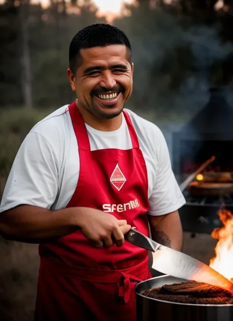 portrait of sks man (riquelme:1), smiling with very short hair, making a barbacoa with fire and smoke, holding a (knife:1.3), (outdoors:1.2), natural lighting, 4k, 8k, 8k realistic, sharp focus, intricate, high resolution <lora:riquelme:1>