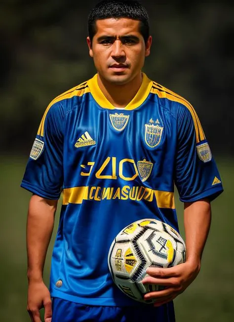 portrait of sks man (riquelme:1), serious look with very short hair, football jersey with blue and yellow colors, holding a (soccer ball:1.3), (outdoors:1.2), natural lighting, 4k, 8k, 8k realistic, sharp focus, intricate, high resolution <lora:riquelme:1>