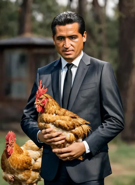 portrait of sks man, serious look with very short hair and suit, holding a (chicken in arms:1.3), (outdoors:1.2), natural lighting, 4k, 8k, 8k realistic, sharp focus, intricate, high resolution <lora:riquelme:1.25>