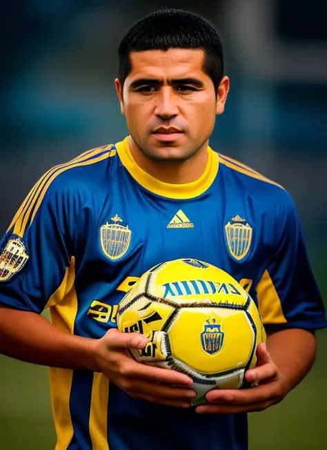 portrait of sks man (riquelme:1), serious look with very short hair, football jersey with blue and yellow colors, holding a (soccer ball:1.3), (outdoors:1.2), natural lighting, 4k, 8k, 8k realistic, sharp focus, intricate, high resolution <lora:riquelme:1>