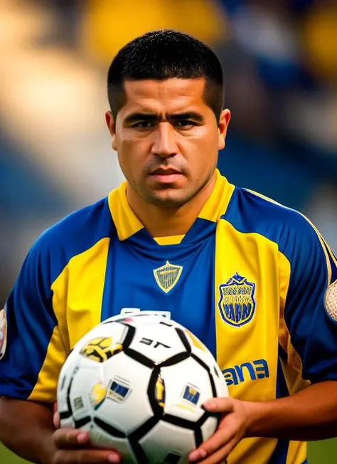 portrait of sks man (riquelme:1), serious look with very short hair, football jersey with blue and yellow colors, holding a (soccer ball:1.3), (outdoors:1.2), natural lighting, 4k, 8k, 8k realistic, sharp focus, intricate, high resolution <lora:riquelme:1>