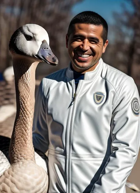 portrait of sks man (riquelme:1), smiling with very short hair, white leather suit, holding a (goose:1.3), (outdoors:1.2), natural lighting, 4k, 8k, 8k realistic, sharp focus, intricate, high resolution <lora:riquelme:1>