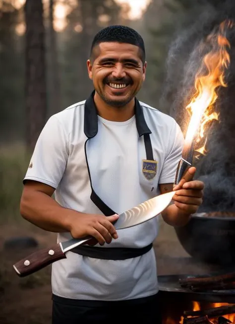 portrait of sks man (riquelme:1), smiling with very short hair, making a barbacoa with fire and smoke, holding a (knife:1.3), (outdoors:1.2), natural lighting, 4k, 8k, 8k realistic, sharp focus, intricate, high resolution <lora:riquelme:1>
