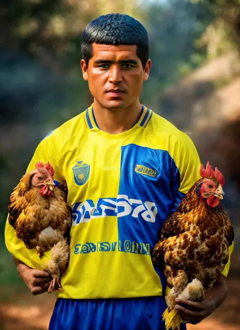 portrait of sks man, serious look with very short hair, football jersey with blue and yellow colors, holding a (chicken in arms:1.3), (outdoors:1.2), natural lighting, 4k, 8k, 8k realistic, sharp focus, intricate, high resolution <lora:riquelme:1.25>