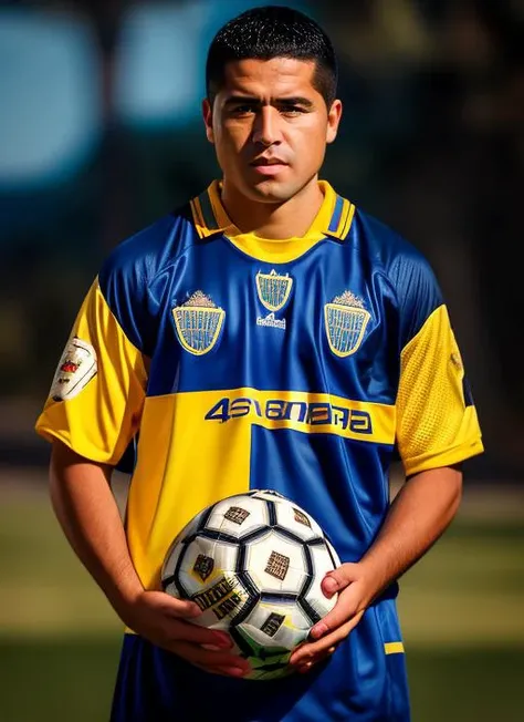 portrait of sks man (riquelme:1), serious look with very short hair, football jersey with blue and yellow colors, holding a (soccer ball:1.3), (outdoors:1.2), natural lighting, 4k, 8k, 8k realistic, sharp focus, intricate, high resolution <lora:riquelme:1>