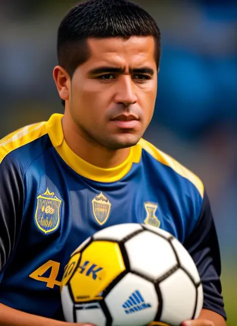 portrait of sks man (riquelme:1), serious look with very short hair, football jersey with blue and yellow colors, holding a (soccer ball:1.3), (outdoors:1.2), natural lighting, 4k, 8k, 8k realistic, sharp focus, intricate, high resolution <lora:riquelme:1>
