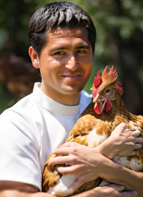 portrait of sks man with very short hair, holding a (chicken in arms:1.3), (outdoors:1.2), natural lighting, 4k, 8k, 8k realistic, sharp focus, intricate, high resolution <lora:riquelme:1.25>