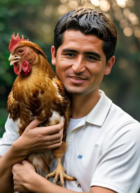 portrait of sks man with short hair, holding a (chicken in arms:1.3), (outdoors:1.2), natural lighting, 4k, 8k, 8k realistic, sharp focus, intricate, high resolution <lora:riquelme:1>