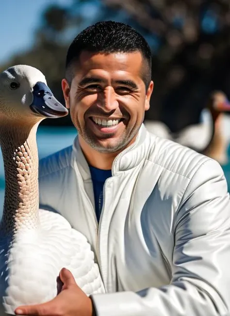 portrait of sks man (riquelme:1), smiling with very short hair, white leather suit, holding a (goose:1.3), (outdoors:1.2), natural lighting, 4k, 8k, 8k realistic, sharp focus, intricate, high resolution <lora:riquelme:1>
