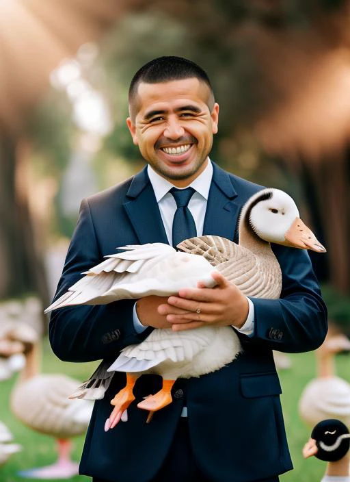 portrait of sks man (riquelme:1), smiling with very short hair, (suit of hello kitty:1), holding a (small goose:1.3), (outdoors:1.2), natural lighting, 4k, 8k, 8k realistic, sharp focus, intricate, high resolution <lora:riquelme:1>