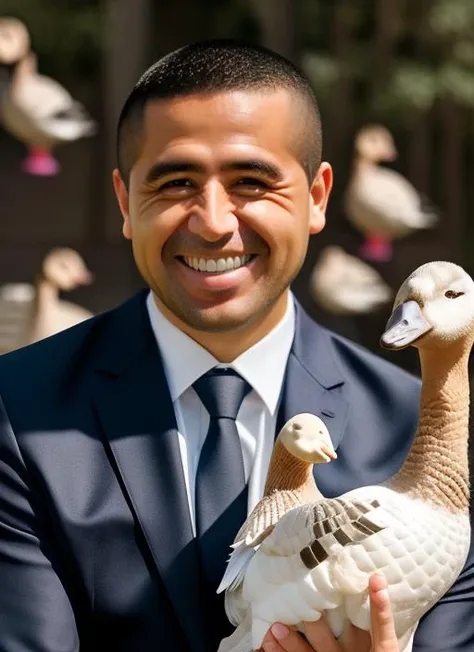 portrait of sks man (riquelme:1), smiling with very short hair, (suit of hello kitty:1), holding a (small goose:1.3), (outdoors:1.2), natural lighting, 4k, 8k, 8k realistic, sharp focus, intricate, high resolution <lora:riquelme:1>