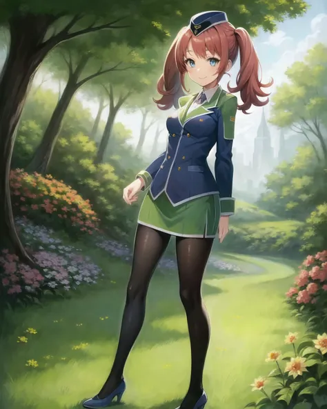 best quality, (masterpiece:1.2), illustration, absurdres,
(1girl, solo), (beautiful detailed girl),
<lora:Fran2-07:0.85>, Fran Seeker, blue eyes, small_breasts, red hair, twintails,
garrison cap, uniform, suit, green miniskirt, black pantyhose, green high heels,
smile, happy, looking at viewer,
magical forest, flowers, fairy ring, glowing plants, ancient ruins, stone ruins, sky, clouds,