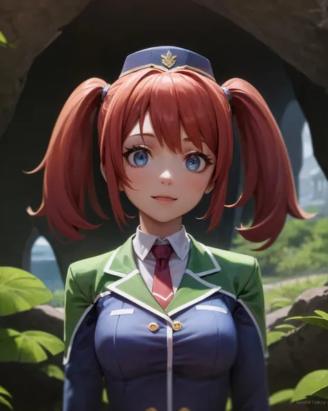 best quality, (masterpiece:1.2), illustration, absurdres,
(1girl, solo), (beautiful detailed girl),
<lora:Fran-07:0.7>, Fran Seeker, blue eyes, small_breasts, red hair, twintails,
garrison cap, uniform, suit, green miniskirt, black pantyhose, green high heels,
(inside a mysterious mystical cave with colorful plants), (fantasy:1.2), (floating dust particles) (stalagmites and rock formations), sky and clouds visible from hole in roof, godrays, raytracing,
arms behind head,
(upper body, portrait),,
happy, looking at viewer