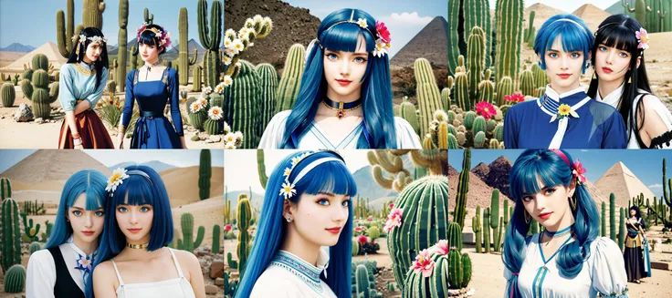 (otherworldly, otherworldly atmosphere, otherworldly appearance), highly insanely detailed, masterpiece, top quality, best quality, highres, 4k, 8k, RAW photo, collar, earrings, jewelry, necklace, armlet,
(long_hair, long hair, random colors cloth, random colors hair, random long hair, dynamic hair, glowing hair, hair over one eye),
(eyelashes, eyeliner, eyeshadow, eyelashes),
makeup,
(dynamic pose), nsfw,
((ancient egyptian theme)), golden ornaments,
1girl, (portrait),
((desert, Mexico, cacti)),
a grove of mechanical trees swaying to the rhythm of coded breezes, (tranquil:0.6), (serene:0.5),
rem (re:zero), 1girl, solo, roswaal mansion maid uniform, twins, siblings, short hair, blue hair, blue eyes, maid, ribbon, hair ornament, hair over one eye, smile, looking at viewer, x hair ornament, hair ribbon, black ribbon, maid headdress, white apron, bangs, breasts, small breasts, long sleeves, dress, wide sleeves, standing, shiny, (flower:1.5), watercolor \(medium\), <lora:Narumi Kakinouchi_mix:0.9>,
BREAK
scenery, (ancient egyptian ruins), (fantasy world)