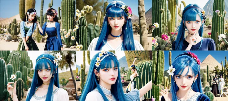 (otherworldly, otherworldly atmosphere, otherworldly appearance), highly insanely detailed, masterpiece, top quality, best quality, highres, 4k, 8k, RAW photo, collar, earrings, jewelry, necklace, armlet, 
(long_hair, long hair, random colors cloth, random colors hair, random long hair, dynamic hair, glowing hair, hair over one eye), 
(eyelashes, eyeliner, eyeshadow, eyelashes), 
makeup, 
(dynamic pose), nsfw, 
((ancient egyptian theme)), golden ornaments, 
1girl, (portrait), 
((desert, Mexico, cacti)), 
a grove of mechanical trees swaying to the rhythm of coded breezes, (tranquil:0.6), (serene:0.5), 
rem (re:zero), 1girl, solo, roswaal mansion maid uniform, twins, siblings, short hair, blue hair, blue eyes, maid, ribbon, hair ornament, hair over one eye, smile, looking at viewer, x hair ornament, hair ribbon, black ribbon, maid headdress, white apron, bangs, breasts, small breasts, long sleeves, dress, wide sleeves, standing, shiny, (flower:1.5), watercolor \(medium\), <lora:Narumi Kakinouchi_mix:0.9>, 
BREAK
scenery, (ancient egyptian ruins), (fantasy world)