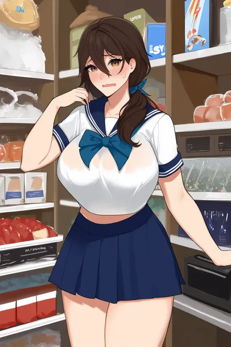 score_9, score_8_up, score_7_up, BREAK source_anime, solo, looking at viewer,
1girl,
BREAK
large breasts, brown eyes, brown hair, green haid, long hair, hair between eyes, sidelocks,
sailor shirt, indigo ribbon ,
wavy mouth,
BREAK
Toy Store,
<lora:fLikeRabbits-style:1>