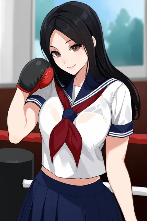 score_9, score_8_up, score_7_up, BREAK source_anime, solo, looking at viewer,
1girl,
BREAK
black hair, long hair, brown eyes, parted bangs,
school uniform, serafuku, short sleeves, neckerchief, red neckerchief, pleated skirt, blue skirt,
smile, (troubled eyebrows:0.6),
BREAK
Boxing gym,
<lora:fLikeRabbits-style:1>