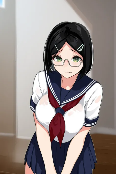 score_9, score_8_up, score_7_up, BREAK source_anime, solo, looking at viewer,
1girl,
BREAK
glasses, black hair, large breasts, green eyes, hairclip, hair ornament, short hair, parted bangs, bob cut, sidelocks,
school uniform, serafuku, short sleeves, neckerchief, red neckerchief, pleated skirt, blue skirt,
wavy mouth,
BREAK
Room,
<lora:fLikeRabbits-style:1>
