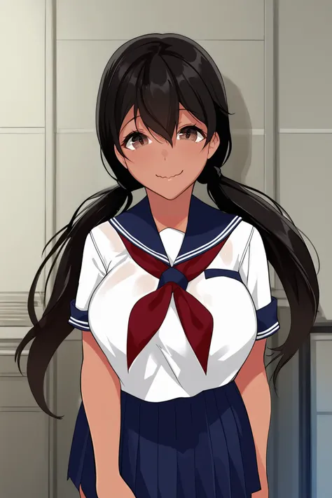 score_9, score_8_up, score_7_up, BREAK source_anime, solo, looking at viewer,
1girl,
BREAK
black hair, large breasts, brown eyes, long hair, low twintails, tan, hair between eyes,
school uniform, serafuku, short sleeves, neckerchief, red neckerchief, pleated skirt, blue skirt,
wavy mouth, smile,
BREAK
Music vendor,
<lora:fLikeRabbits-style:1>