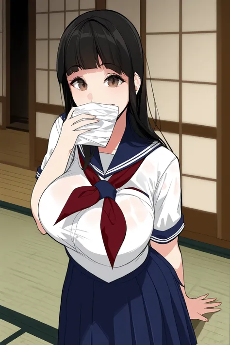 score_9, score_8_up, score_7_up, BREAK source_anime, solo, looking at viewer,
1girl,
BREAK
long hair, large breasts, brown eyes, blunt bangs, black hair, sidelocks,
school uniform, serafuku, short sleeves, neckerchief, red neckerchief, pleated skirt, blue skirt,
Smiling, cover mouth with hands,
BREAK
washitsu, tatami, syouji, kakejiku, warmlight, bare feets,
<lora:fLikeRabbits-style:1>