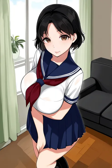 score_9, score_8_up, score_7_up, BREAK source_anime, solo, looking at viewer,
1girl,
BREAK
black hair, brown eyes, mole under mouth, short hair, parted bangs, sidelocks, kneehighs, large breasts,
school uniform, serafuku, short sleeves, neckerchief, red neckerchief, pleated skirt, blue skirt,
pupils sparkling,
BREAK
curtains, indoors, window, sofa, table, pictue, Vases, houseplants,
<lora:fLikeRabbits-style:1>