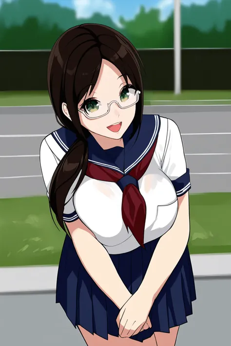 score_9, score_8_up, score_7_up, BREAK source_anime, solo, looking at viewer,
1girl,
BREAK
glasses, green eyes, black hair, large breasts, low ponytail, hair over shoulder, brown hair, parted bangs, sidelocks,
school uniform, serafuku, short sleeves, neckerchief, red neckerchief, pleated skirt, blue skirt,
happy, :),
BREAK
Outdoor Photography Exhibition,
<lora:fLikeRabbits-style:1>