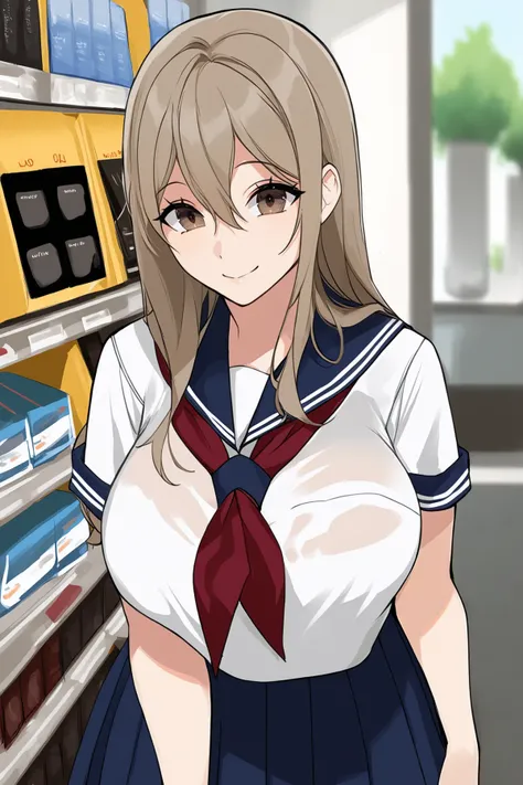 score_9, score_8_up, score_7_up, BREAK source_anime, solo, looking at viewer,
1girl,
BREAK
large breasts, brown eyes, light brown hair, long hair, hair between eyes, sidelocks,
school uniform, serafuku, short sleeves, neckerchief, red neckerchief, pleated skirt, blue skirt,
:p, smile,
BREAK
Mobile Phone Store,
<lora:fLikeRabbits-style:1>