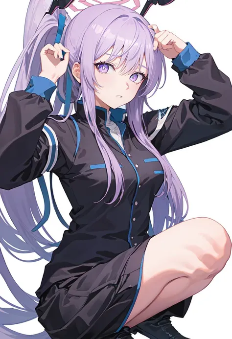 best quality , detailed , ( 1 woman ) , ( lavender hair ) , ( middle length straight hairstyle ) , ( hair intakes:1.3 ) , ( The bangs are even:1.2 ) , ( hime cut:1.3 ) , medium breasts, casual wear , ( black sweatshirt:1.3 ) , white skirts , ( from front ) , sweet smile , ( look at viewer:1.3 ) , ( cowboy shot:1.3 ) , purple dropped eyes , ( simple white background:2 ) , standing upright