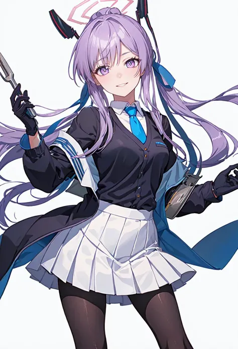best quality, masterpiece, highres, solo, (utaha_bluearchive:1.10), blue necktie, collared shirt, pleated skirt, white skirt, 1girl, looking at viewer, white shirt, long sleeves, jacket, simple background, white background, black gloves, holding, closed mouth, id card, smile, black pantyhose, wrench, 3 <lora:utaha_bluearchive:0.80>