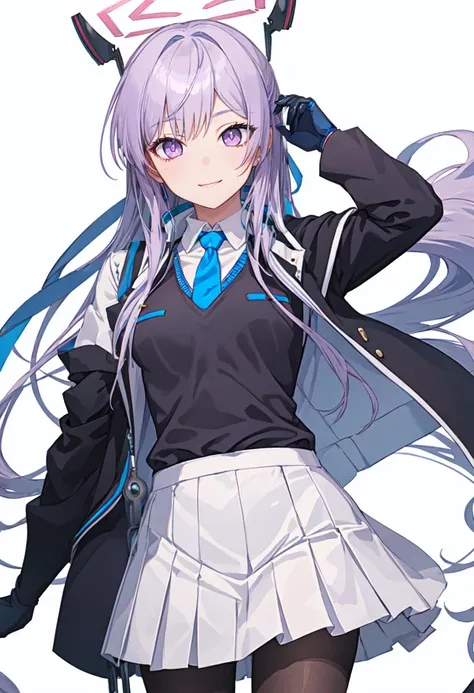 best quality, masterpiece, highres, solo, (utaha_bluearchive:1.10), blue necktie, collared shirt, pleated skirt, white skirt, 1girl, looking at viewer, white shirt, long sleeves, jacket, simple background, white background, black gloves, holding, closed mouth, id card, smile, black pantyhose, wrench, 2 <lora:utaha_bluearchive:0.80>